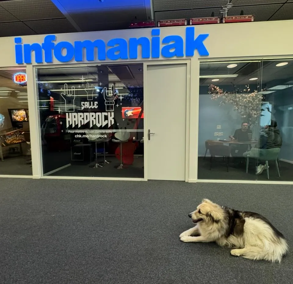Eingang zu einem Infomaniak-Arbeitsbereich mit verglasten Besprechungsräumen und einem Hund im Vordergrund