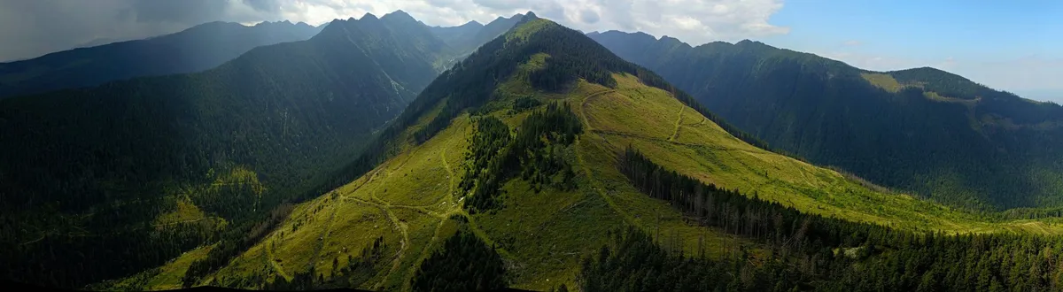 Vedere aeriană asupra unei creste montane și a versanților împăduriți.