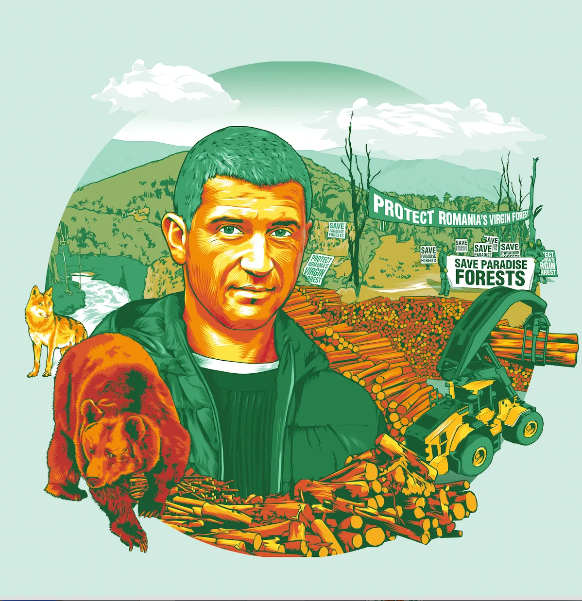 Ilustrație cu un bărbat, animale sălbatice, pădure și utilaje forestiere.