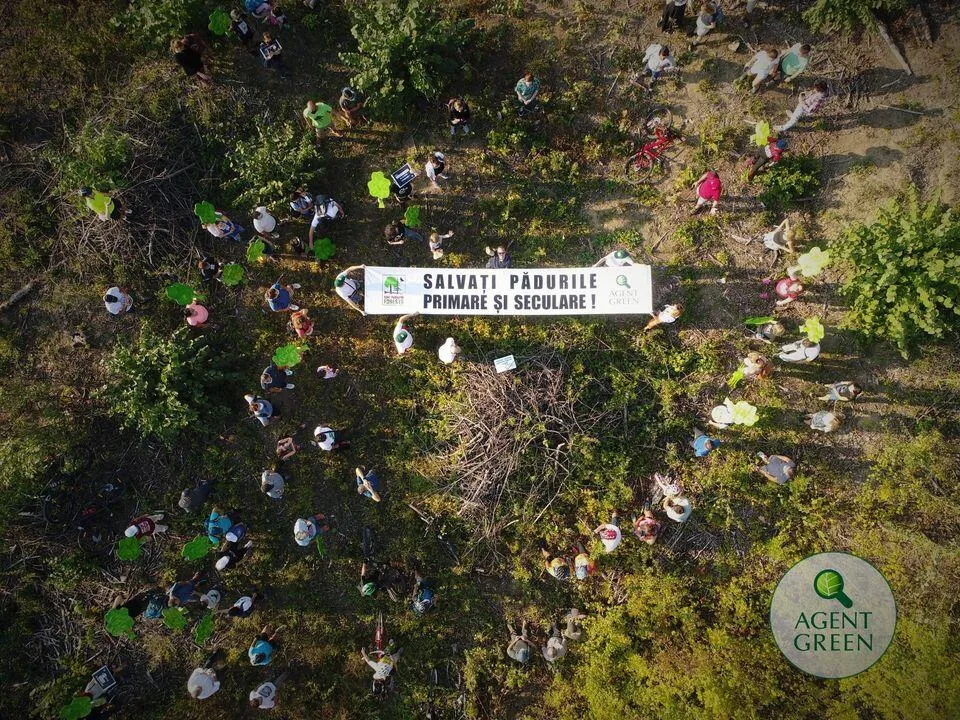 Oameni în pădure în jurul unui banner pentru salvarea pădurilor primare și seculare, cu sigla Agent Green.