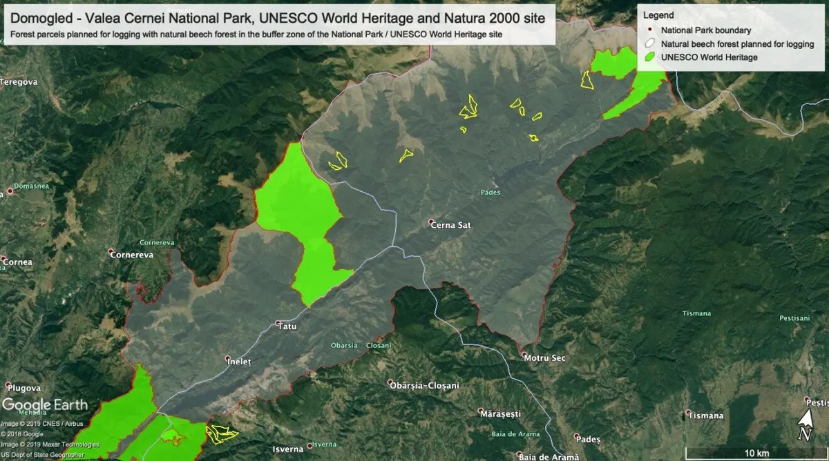 Map of UNESCO areas and compartments proposed for logging in Domogled – Valea Cernei National Park.