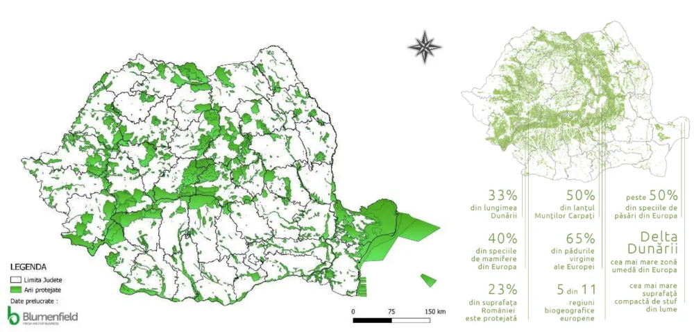 Mappa della Romania con aree naturali protette indicate in verde.