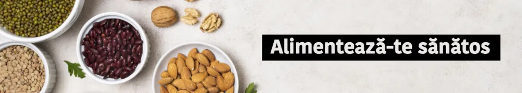 Banner mit Hülsenfrüchten, Nüssen und dem rumänischen Text „Alimentează-te sănătos“ („Ernähre dich gesund“).