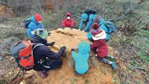 Bambini e adulti intorno a una grande ceppaia.