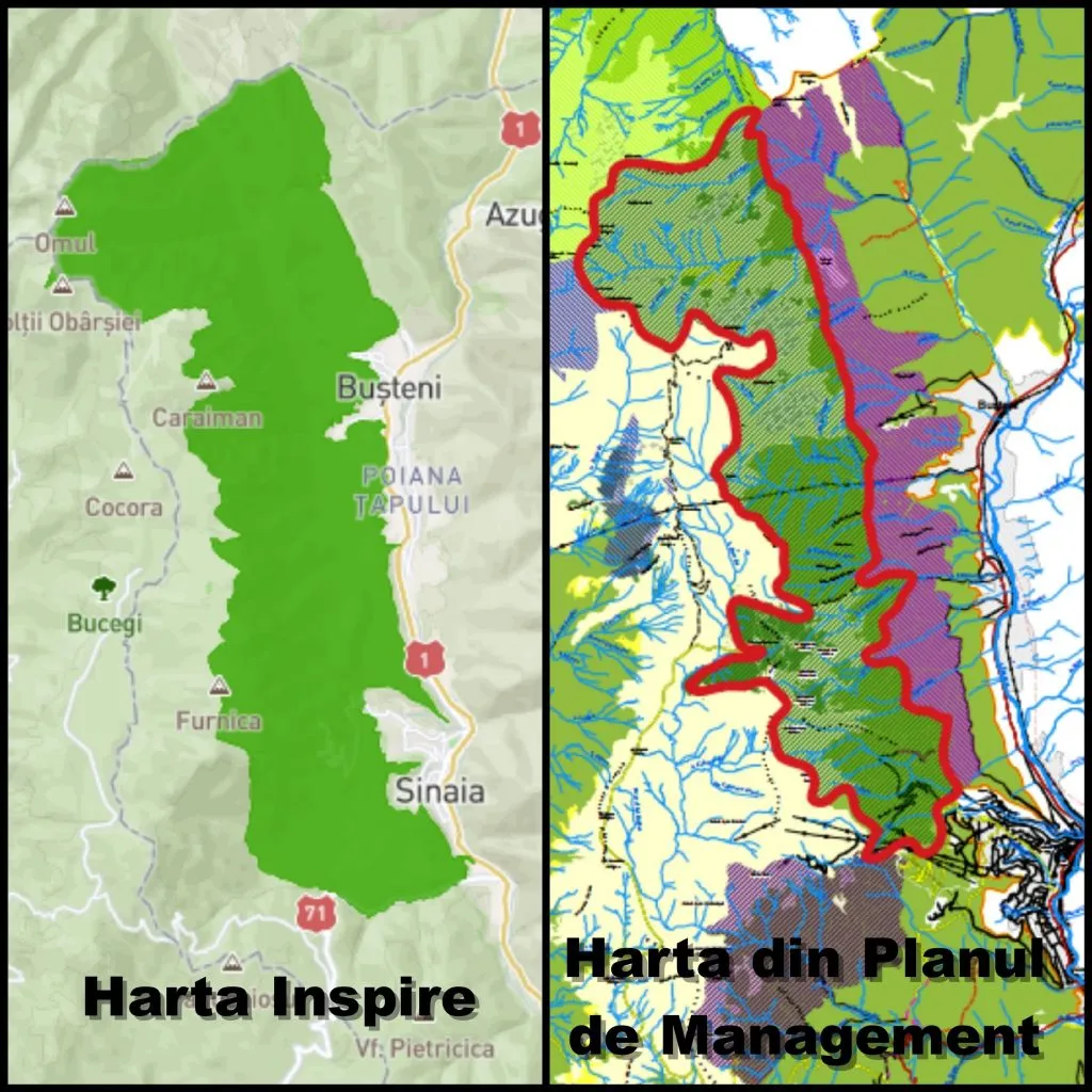 Due mappe affiancate, intitolate «Harta Inspire» e «Harta din Planul de Management», con confini tracciati.