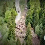 Veduta aerea di una strada e di un’area con tronchi tagliati tra gli alberi.