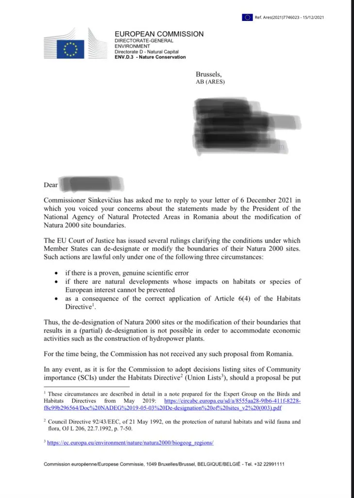 First page of the European Commission’s response, in English.