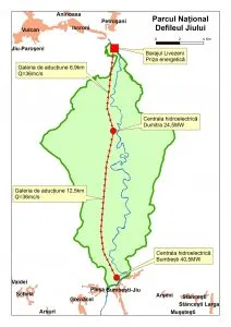 Map of Defileul Jiului National Park showing the hydropower development’s route.