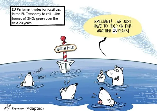 Vignetta con orsi polari tra pezzi di ghiaccio e un fumetto su altri 20 anni.