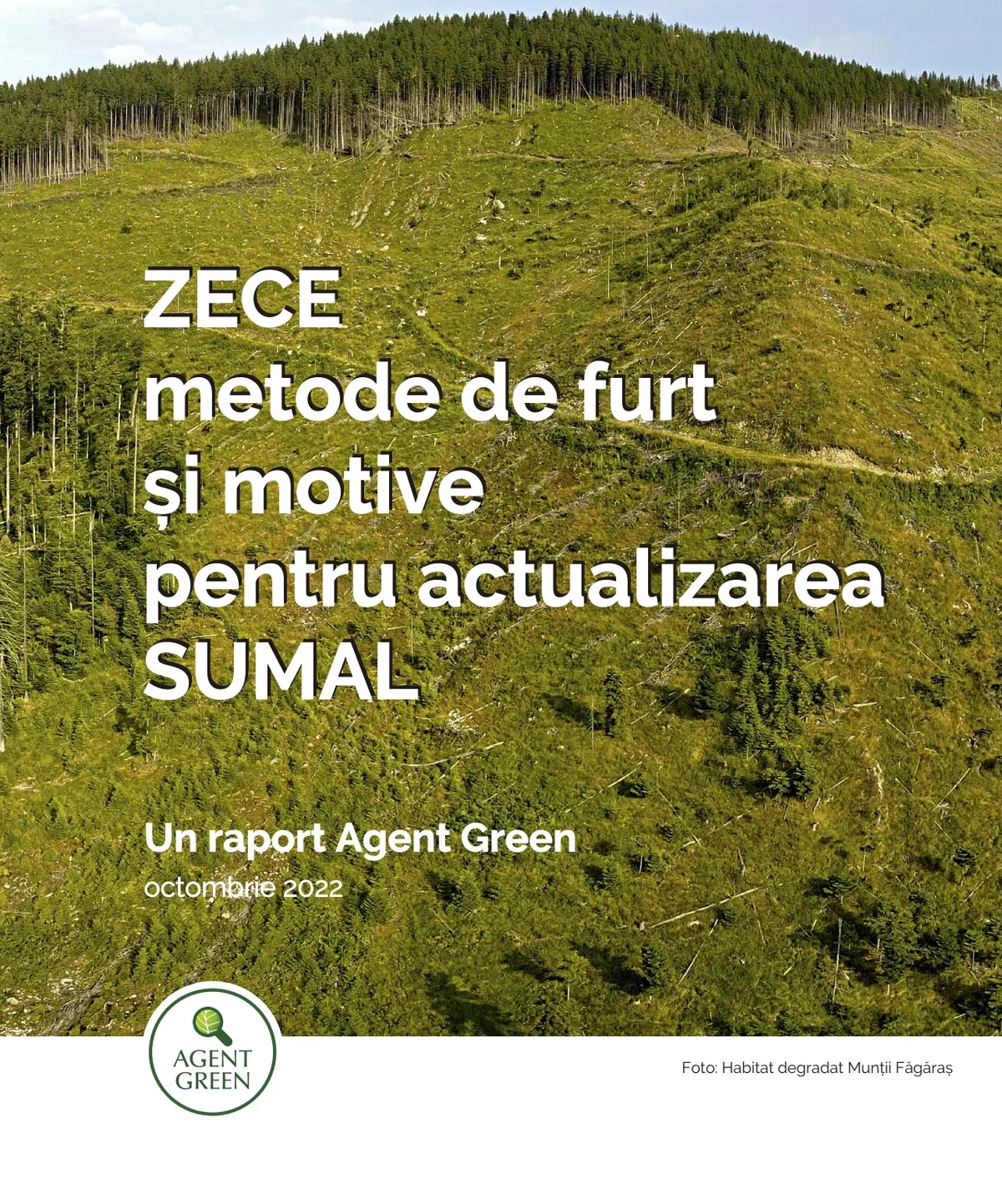 Titelseite des Agent-Green-Berichts „Zehn Diebstahlmethoden und Gründe für die Aktualisierung von SUMAL“ über einem Bild eines abgeholzten Waldes.