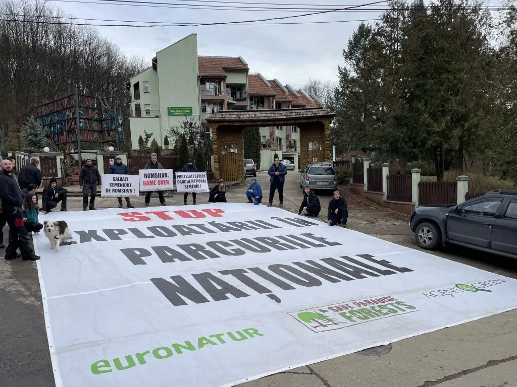 Banner against logging in national parks spread out in front of a building, alongside protesters with placards.