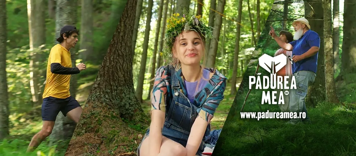 Collage Pădurea Mea con persone in un bosco e l’indirizzo padureamea.ro