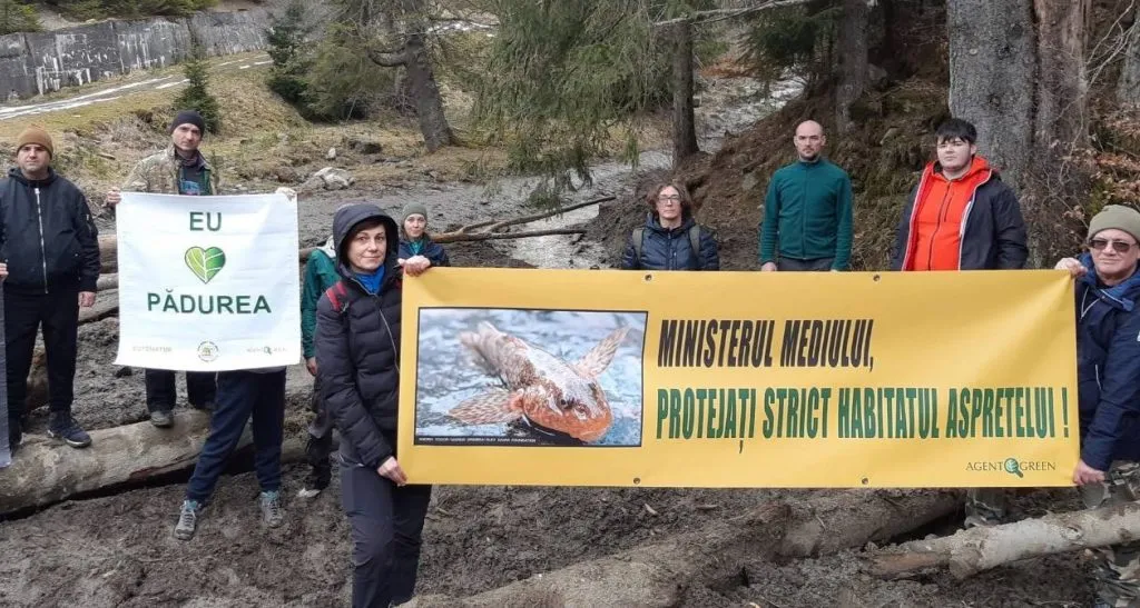 Partecipanti a una protesta con striscioni per proteggere l’habitat dell’asprete e le foreste