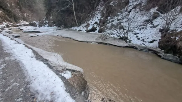 Acqua torbida in un fiume bordato di neve