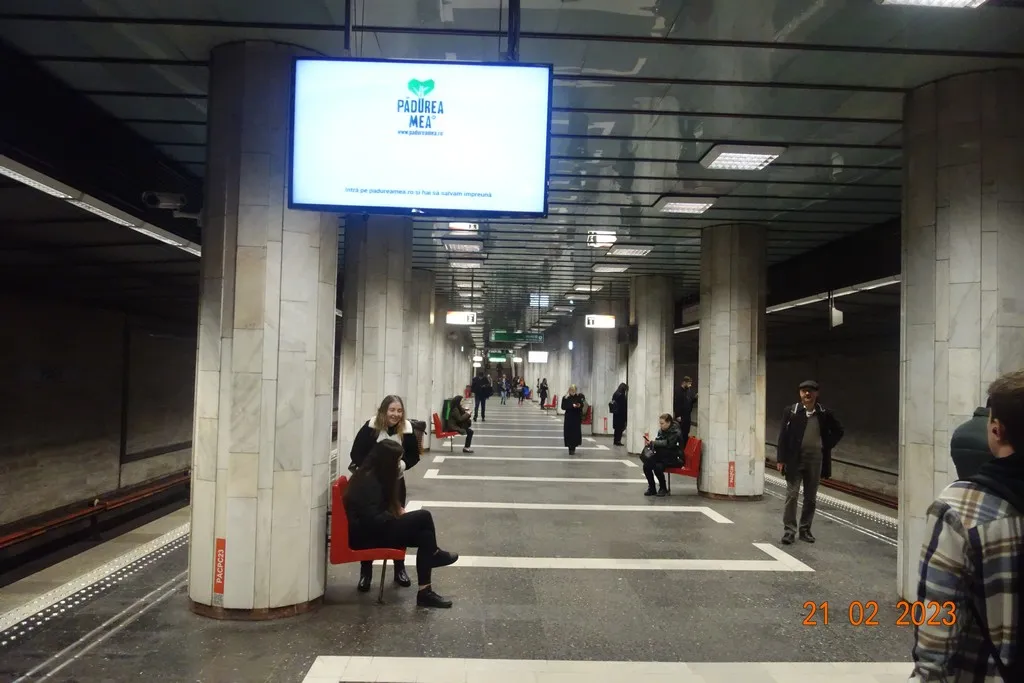 Banchina della metropolitana con uno schermo che mostra il cuore verde della campagna Pădurea Mea