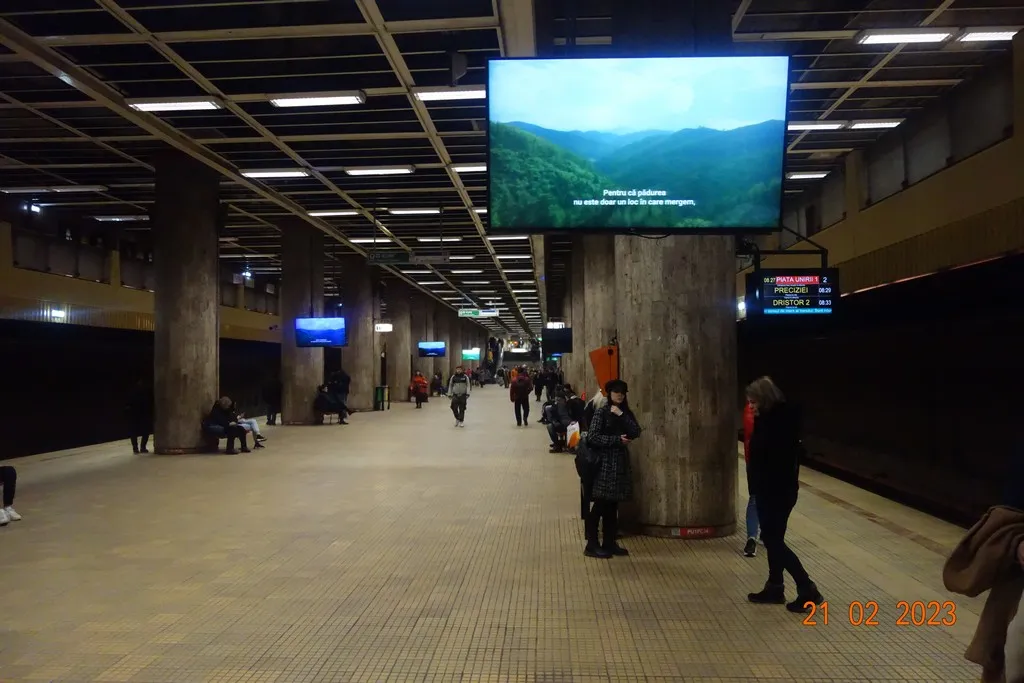 Schermi con immagini di foreste su una banchina della metropolitana