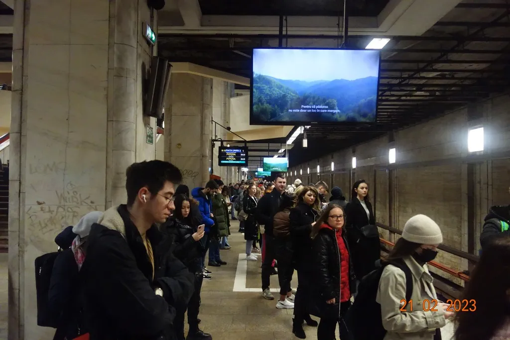 Viaggiatori in un passaggio della metropolitana, accanto a uno schermo con un messaggio della campagna Pădurea Mea