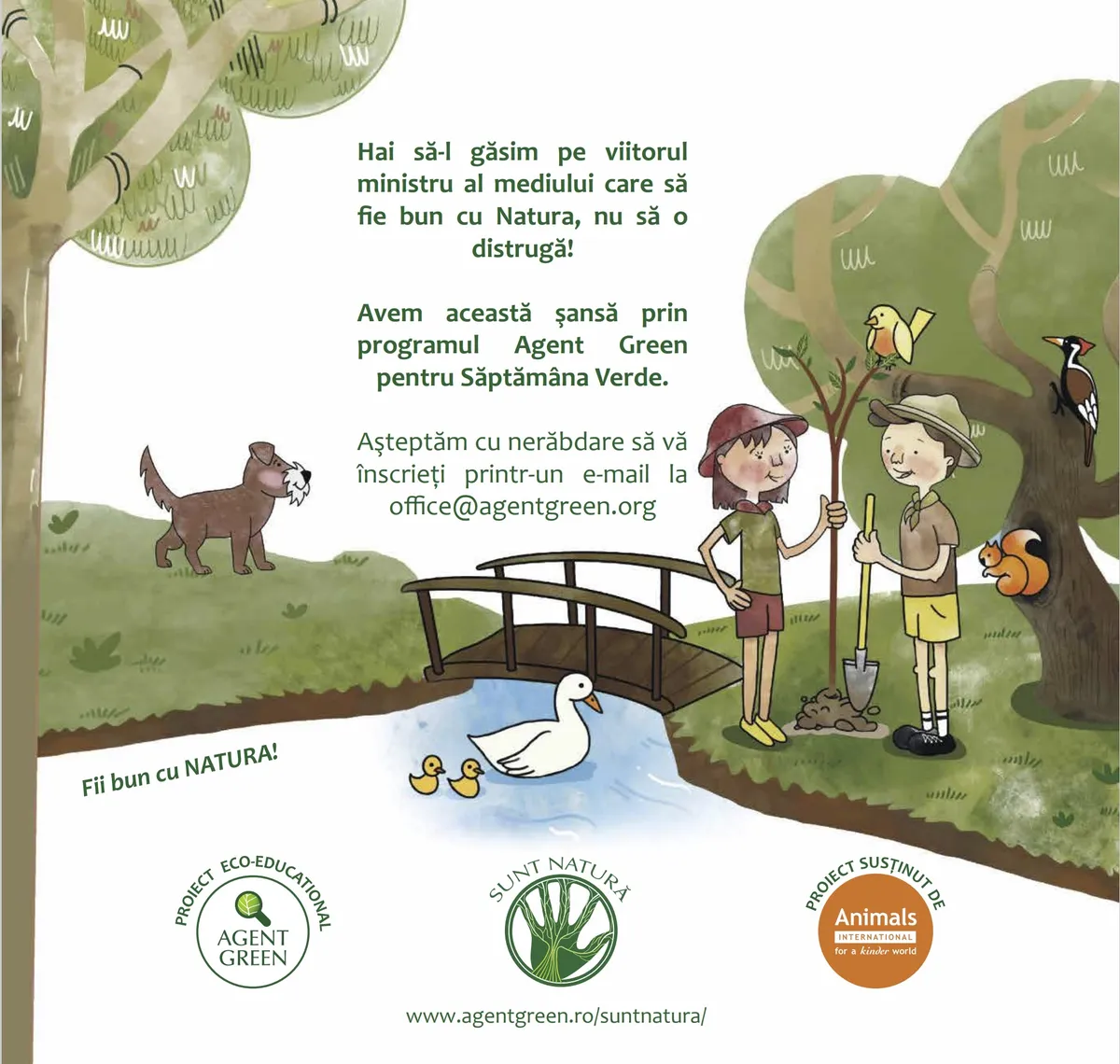 Ilustrație cu doi copii lângă un copac și un mesaj despre programul Agent Green pentru Săptămâna Verde