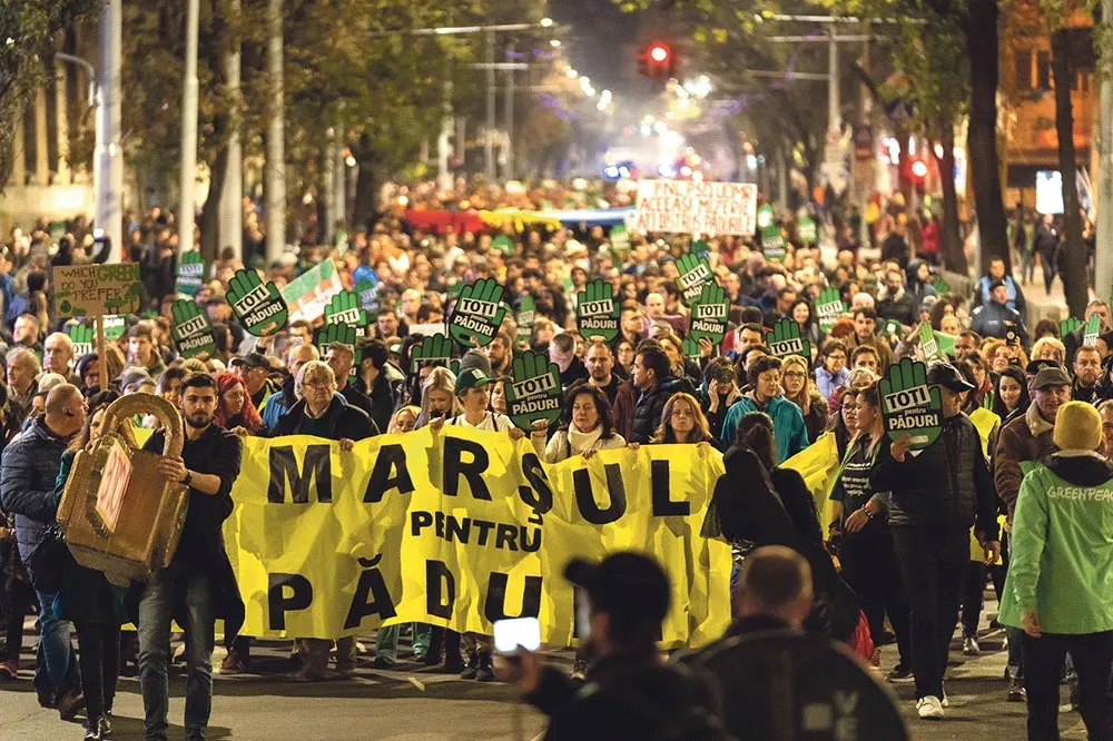 Partecipanti a una marcia notturna, con cartelli e uno striscione giallo «Marcia per le foreste».