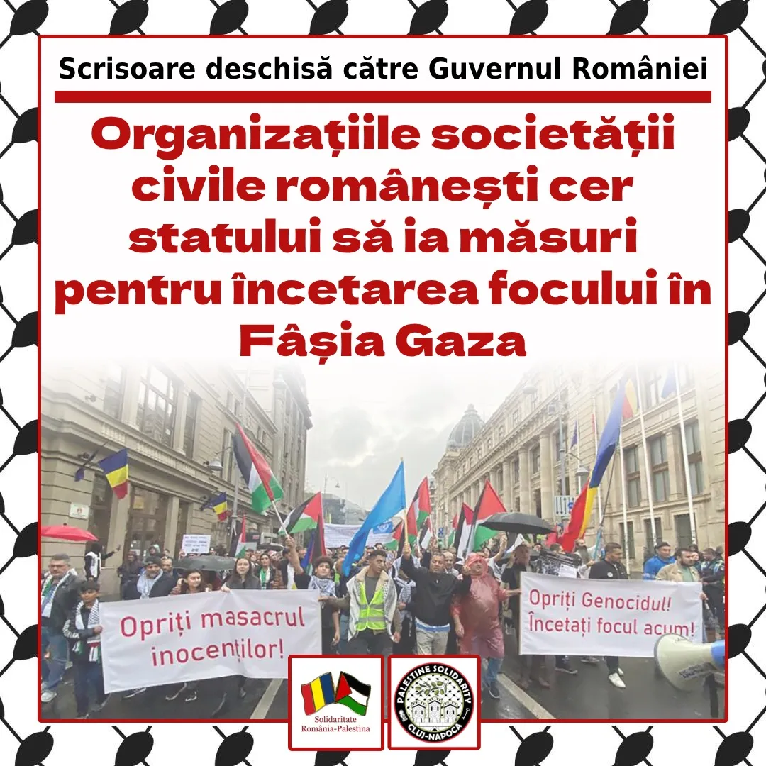 Immagine della lettera aperta per il cessate il fuoco nella Striscia di Gaza, con una fotografia di una manifestazione e cartelli