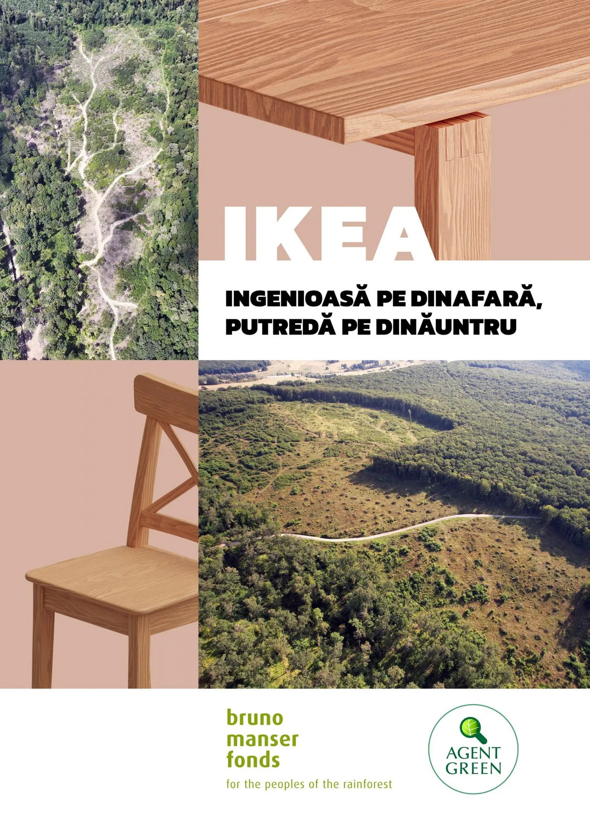 Cover des Berichts „IKEA — Außen clever, innen verrottet“ mit Möbeln und Fotos abgeholzter Wälder