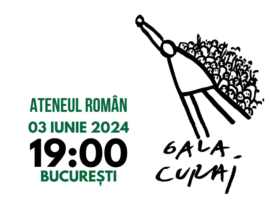 Plakat der Gala Curaj mit Rumänischem Athenäum, dem 3. Juni 2024 und 19:00, das auch für die Einladung zur Veranstaltung verwendet wurde