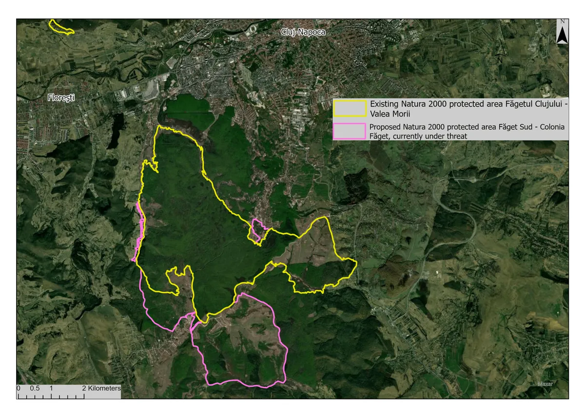 Karte des Făget-Gebiets bei Cluj-Napoca, mit dem bestehenden Schutzgebiet in Gelb und dem vorgeschlagenen Gebiet in Rosa