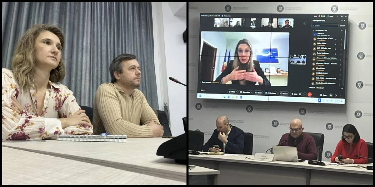Montaggio con partecipanti a una riunione, attorno a un tavolo e davanti a uno schermo per videoconferenze.