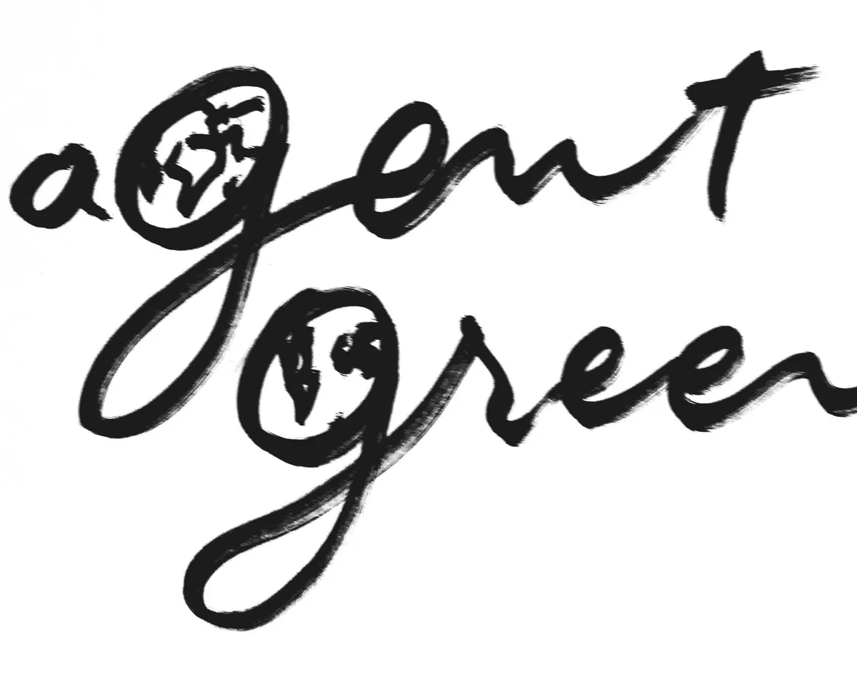 Schwarz-Weiß-Zeichnung von Dan Perjovschi mit dem Schriftzug „Agent Green“ und in die Buchstaben integrierten menschlichen Silhouetten